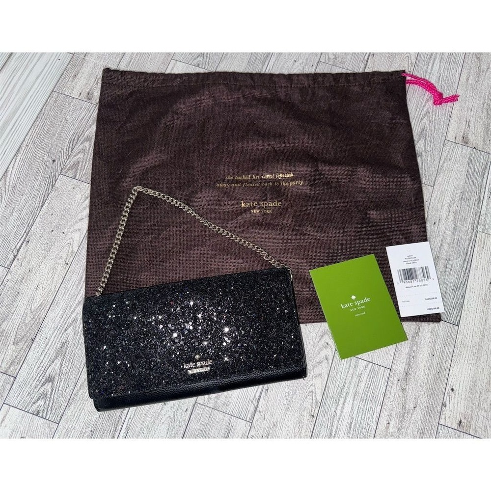 NWT Kate Spade Laurel Way Black‎ Glitter Chain Wallet Clutch w/ Detachable Strap